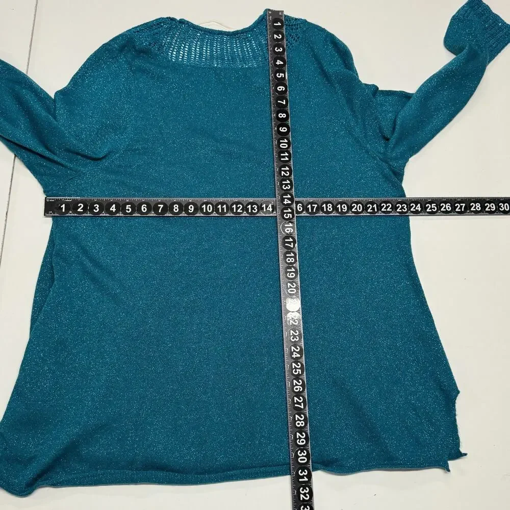 Catherines Sweater 2X 22-24W Teal Blue Green Metallic Sequin Open Knit‎ Neckline